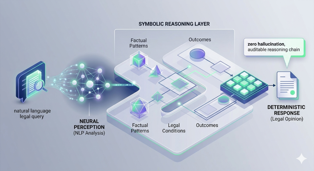 MikeROS architecture: a plain-English legal query passes through a neural perception layer, into a symbolic reasoning layer that maps factual patterns, legal conditions and outcomes, and out as a deterministic response with a zero-hallucination, auditable reasoning chain