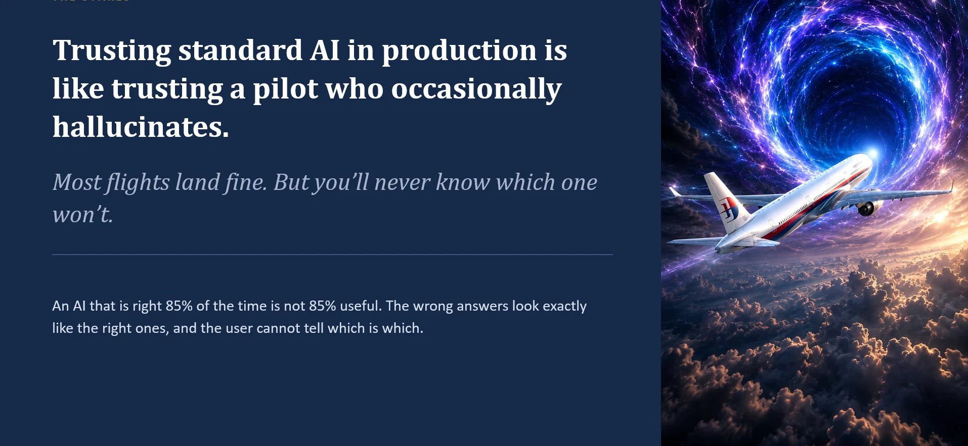 Trusting standard AI in production is like trusting a pilot who occasionally hallucinates. Most flights land fine. But you'll never know which one won't. An AI that is right 85% of the time is not 85% useful — the wrong answers look exactly like the right ones, and the user cannot tell which is which.